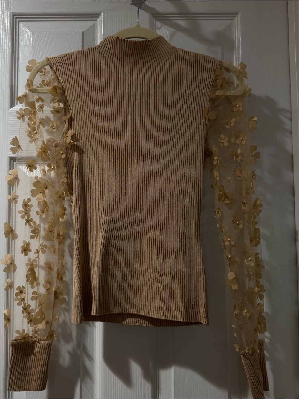Gold Ribbed Top with Sheer Floral Sleeves